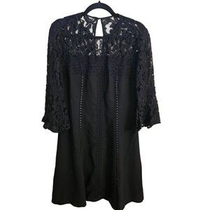 Nanette Lepore Designer LBD Black Lace Bell Sleeve Ribbon Detail Dress Size 8